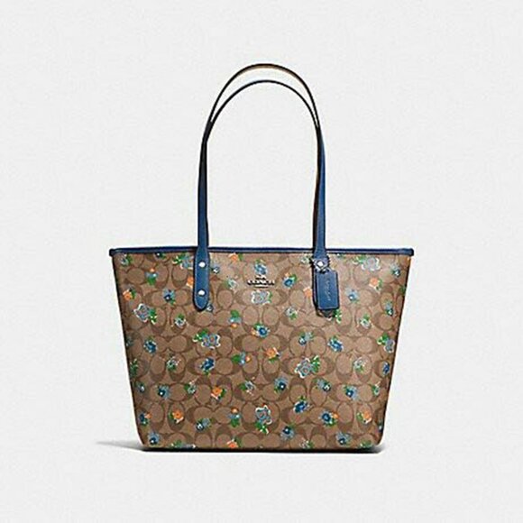 Coach Blue/Beige Floral Print Signature Coated Leather Canvas Tote - Picture 3 of 14